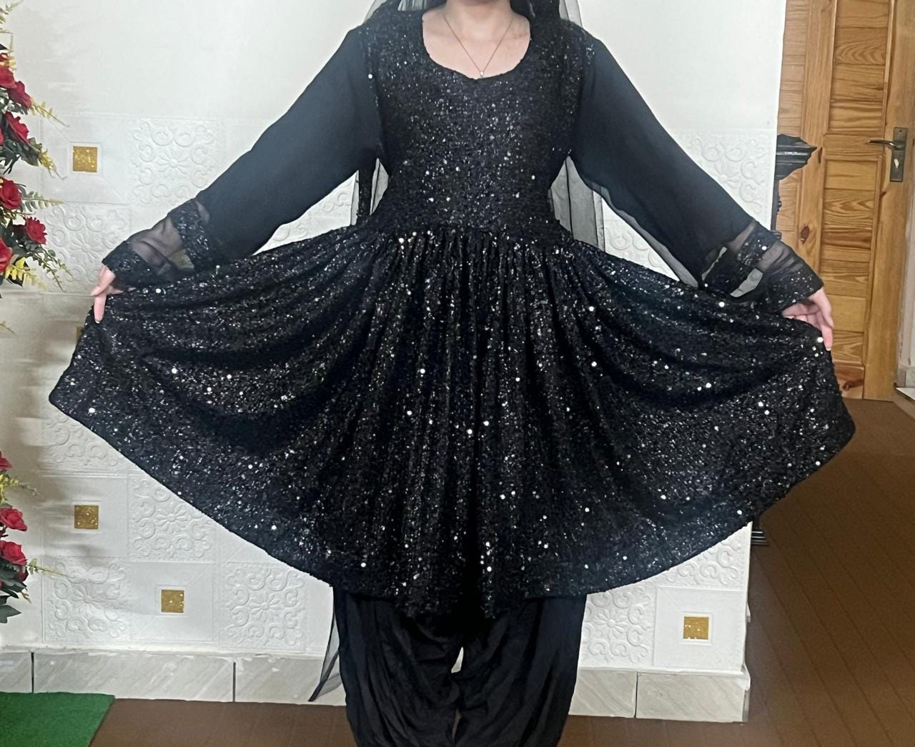 Traditional afghan Kuchi  Dress  3-Piece Black Sitara Party Dress