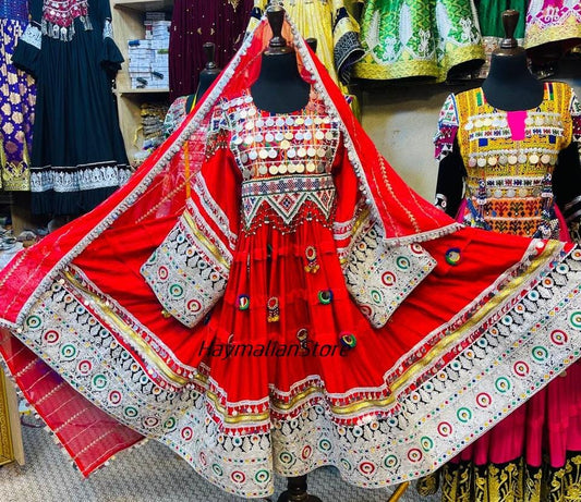 Afghan Kuchi Red Coin Dress: Charma Dozi Embroidered 3-Piece Set