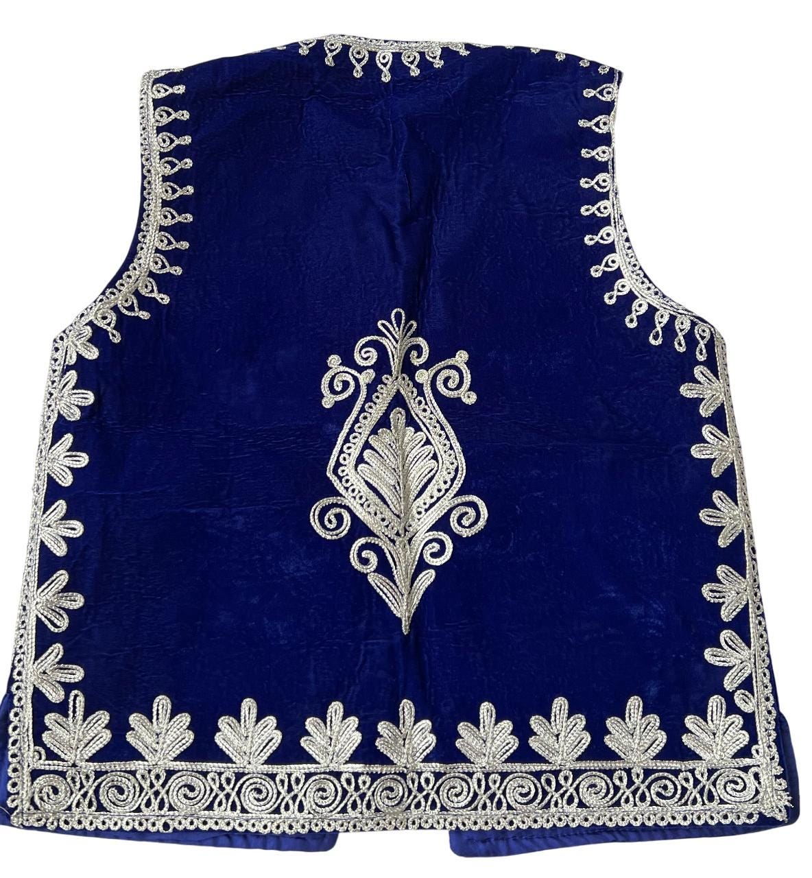 Afghan Men's Velvet Vest: Traditional Silver Braided Embroidery