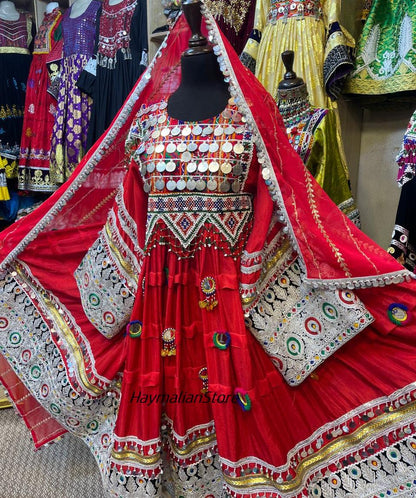 Afghan Kuchi Red Coin Dress: Charma Dozi Embroidered 3-Piece Set