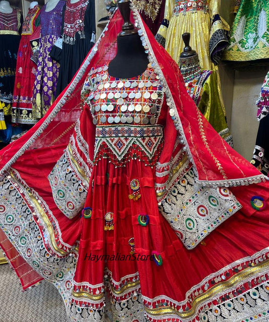 Afghan Kuchi Red Coin Dress: Charma Dozi Embroidered 3-Piece Set