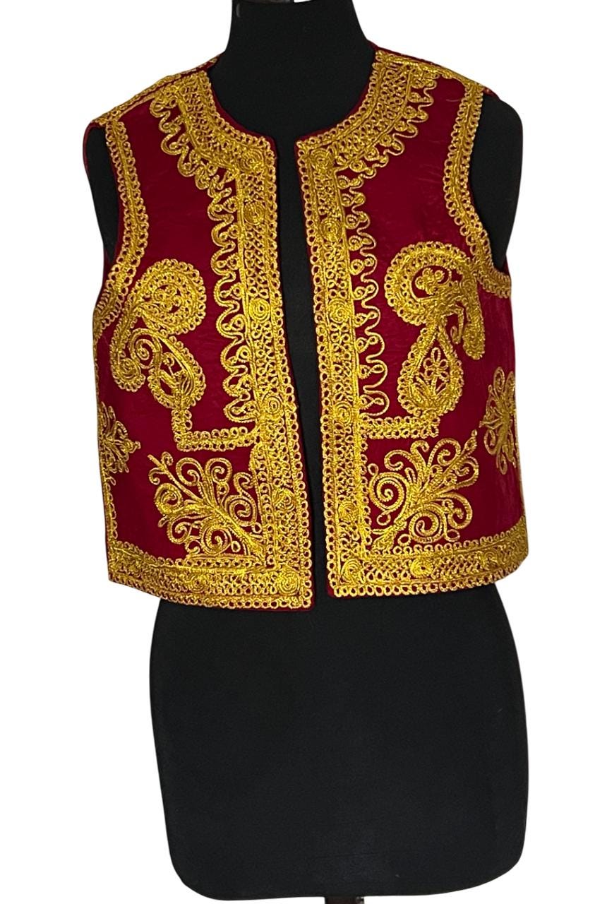 Afghan Traditional Women's Red velvet vest with heavy gold braided embroidery