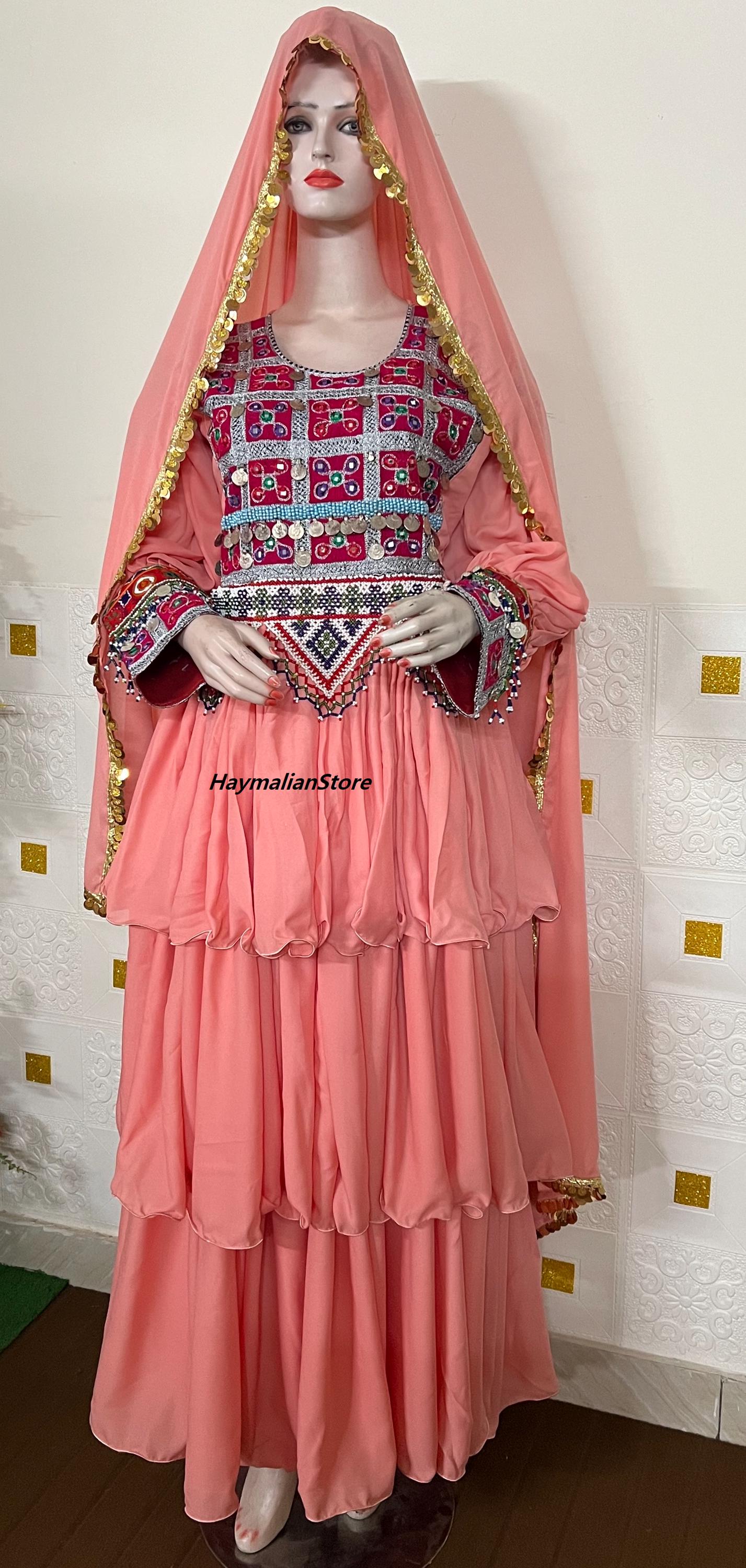Afghan Kuchi Dress: Tea Pink Coin Trim, 3-Piece Ethnic Gown