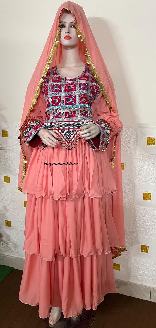 Afghan Kuchi Dress: Tea Pink Coin Trim, 3-Piece Ethnic Gown