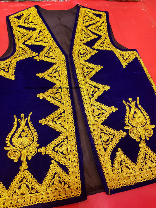 Afghan Traditional men's Blue velvet vest with heavy gold braided embroidery