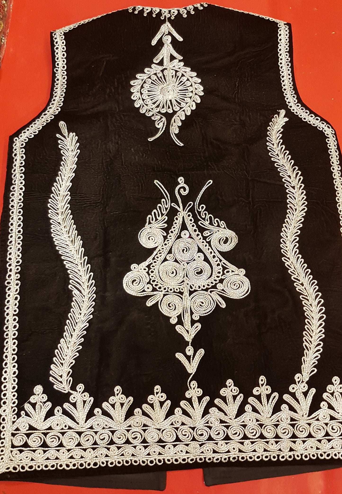 Afghan Traditional men's Black velvet vest with heavy Silver braided embroidery