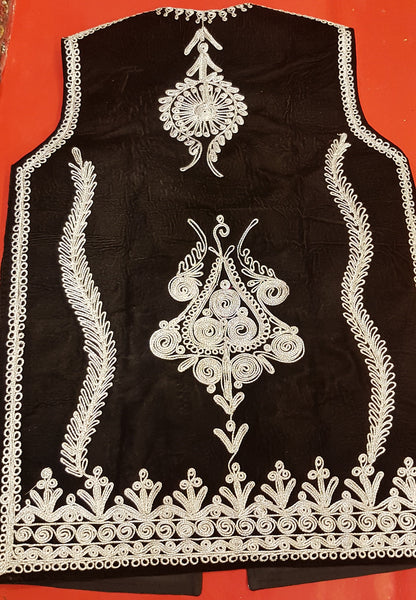 Afghan Traditional men's Black velvet vest with heavy Silver braided embroidery
