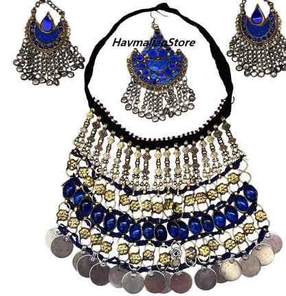 Afghan Kuchi multi color Necklace set with headdress and earrings