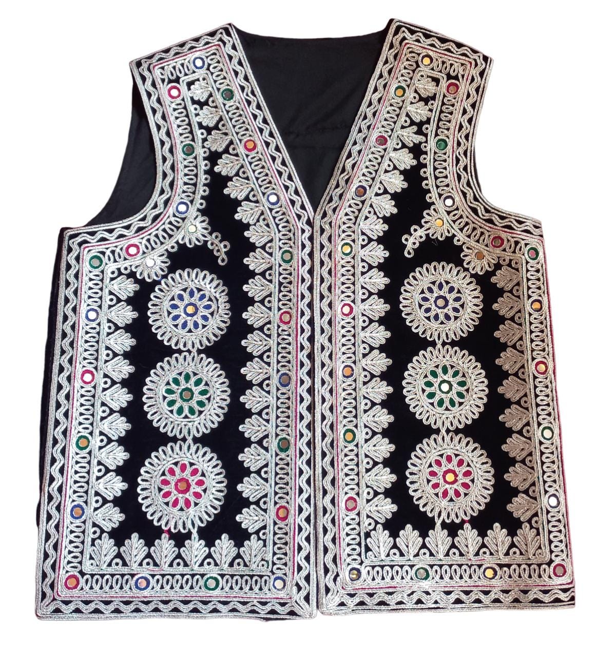 Afghan Traditional men's  velvet vest with heavy Silver braided embroidery Fast Delivery Through UPS