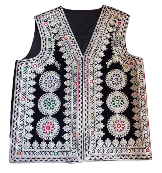 Afghan Traditional men's  velvet vest with heavy Silver braided embroidery Fast Delivery Through UPS