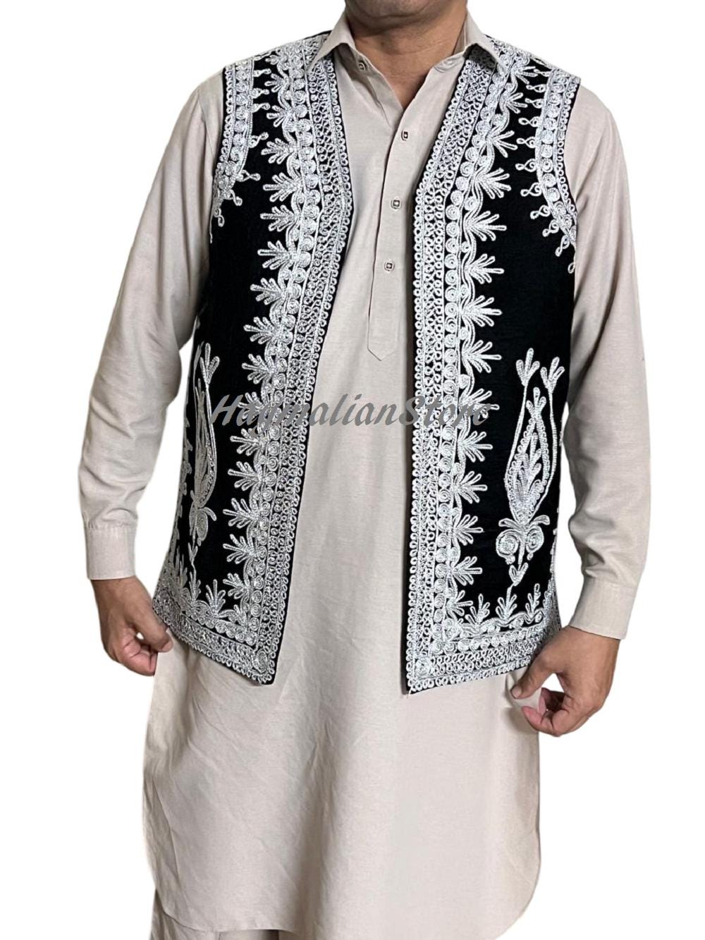 Afghan Traditional men's Black velvet vest with heavy Silver braided embroidery