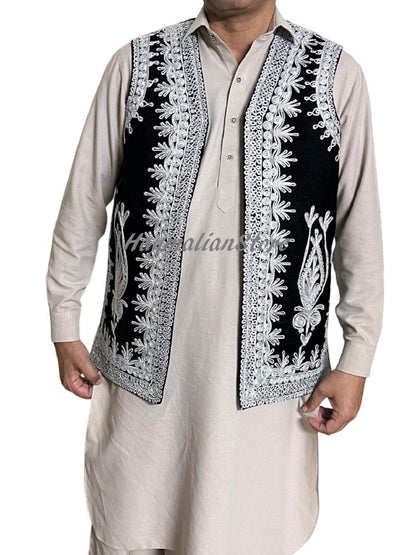 Afghan Traditional men's Black velvet vest with heavy Silver braided embroidery