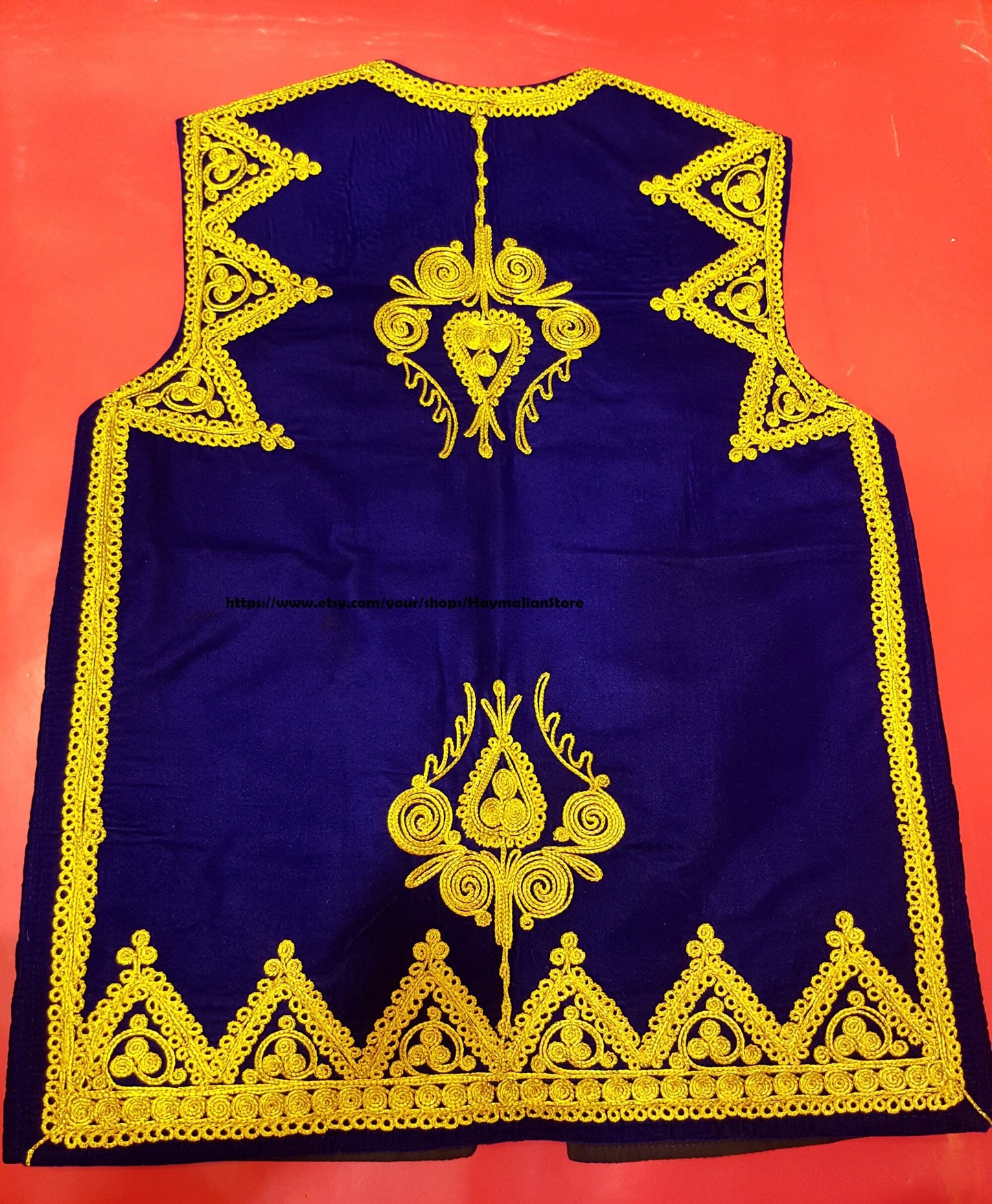 Afghan Traditional men's Blue velvet vest with heavy gold braided embroidery