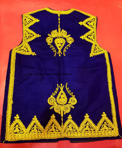 Afghan Traditional men's Blue velvet vest with heavy gold braided embroidery