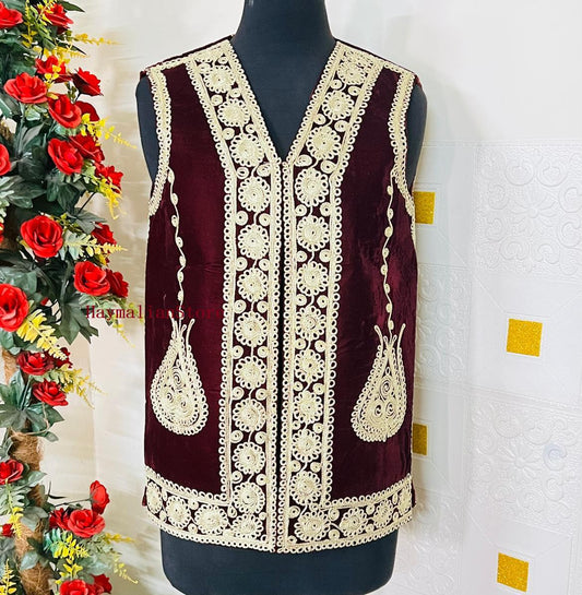 Afghan Traditional men's Mehroon velvet vest with heavy Gold braided embroidery