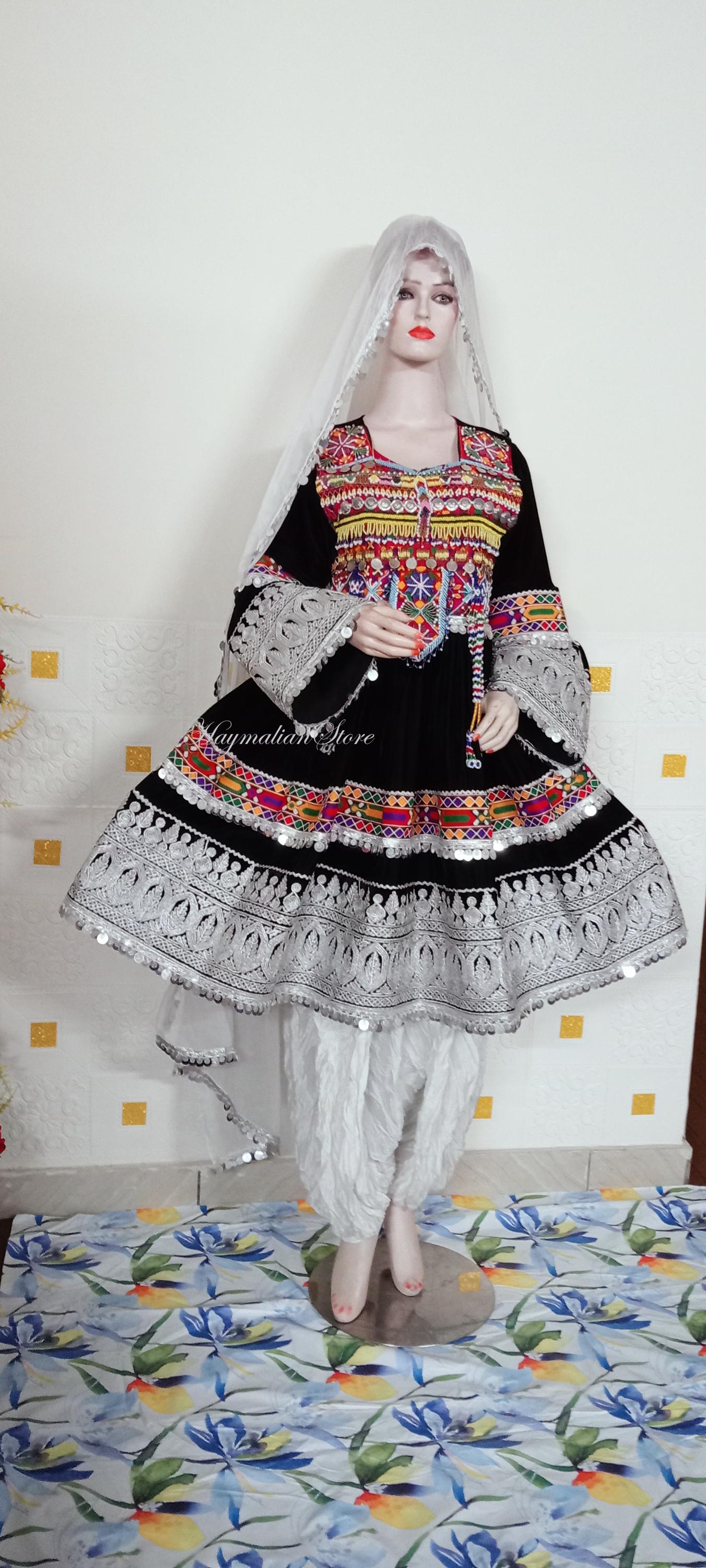 Embroidered Afghan Kuchi Dress: Black Velvet Charma Dozi Work, 3-Piece Set