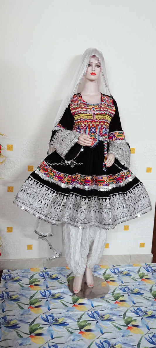 Embroidered Afghan Kuchi Dress: Black Velvet Charma Dozi Work, 3-Piece Set