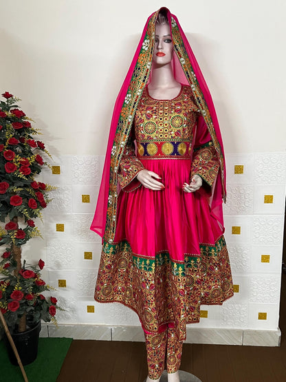 Handmade Afghan Kuchi Dress: Gray Jamawar Fabric, Tribal Boho 3-Piece