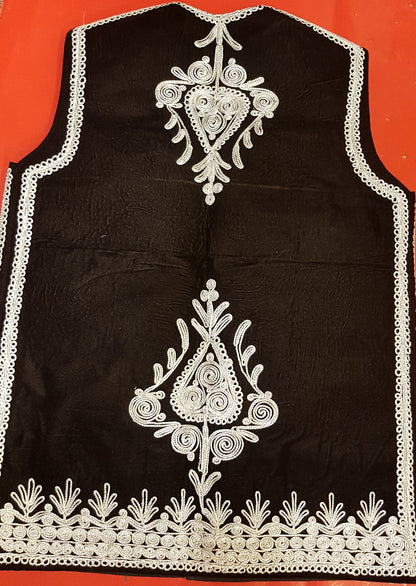Afghan Traditional men's Black velvet vest with heavy Silver braided embroidery