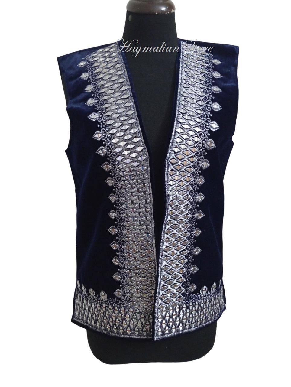 Afghan Velvet Vest: Silver Embroidered Sleeveless Vest