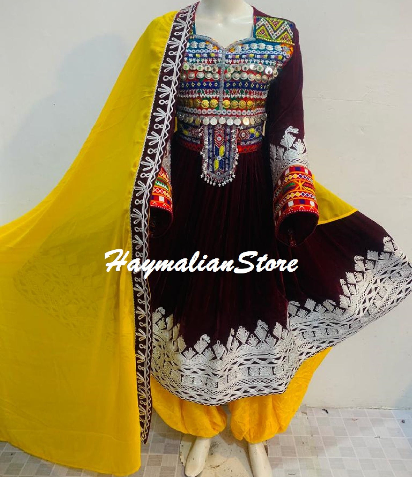 Handmade Kuchi Tribal Dress – Afghan Boho Coin Dress with Charma Dozi