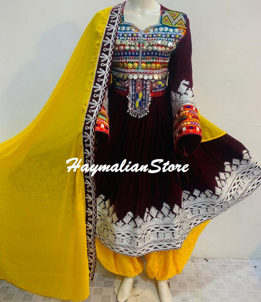Handmade Kuchi Tribal Dress – Afghan Boho Coin Dress with Charma Dozi