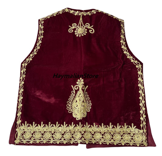 Afghan Burgundy Velvet Vest: Traditional Golden Embroidery, Beaded Mirrors