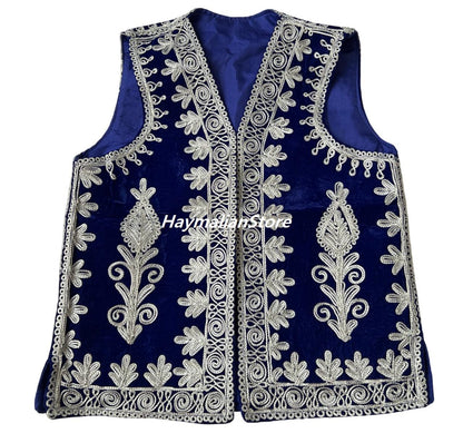 Afghan Men's Velvet Vest: Traditional Silver Braided Embroidery