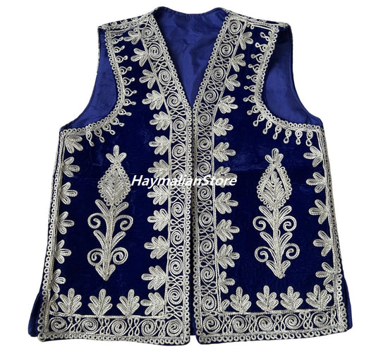 Afghan Men's Velvet Vest: Traditional Silver Braided Embroidery