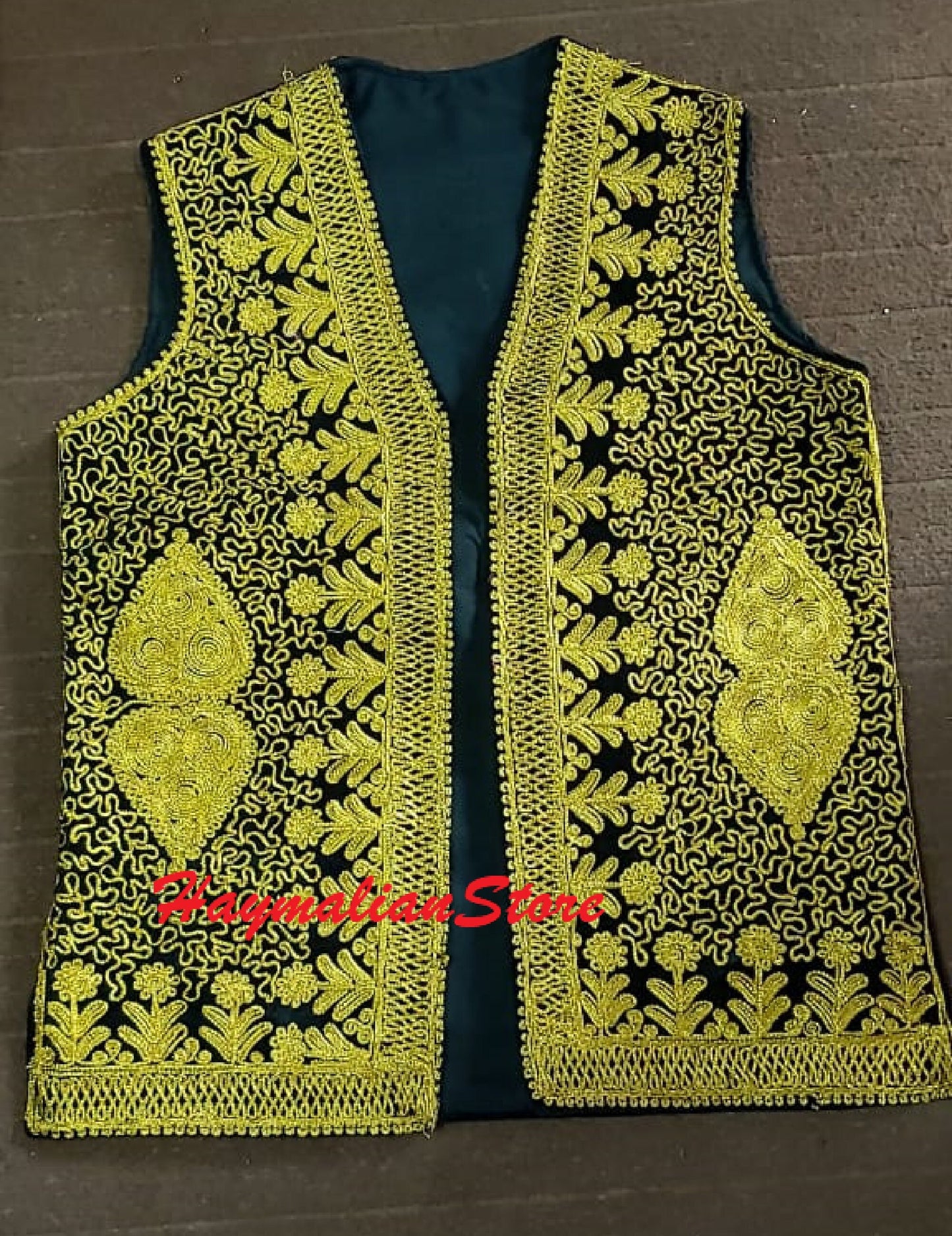 Afghan Traditional men's velvet vest with heavy Golden braided embroidery
