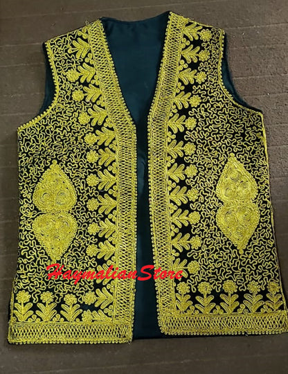 Afghan Traditional men's velvet vest with heavy Golden braided embroidery