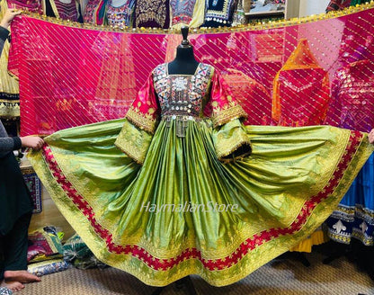 Afghan Kuchi Green Dress: Embroidered Coin Dress with Charma Dozi Work