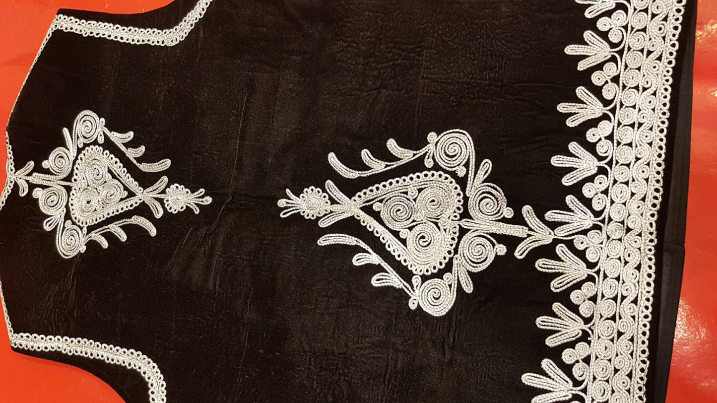 Afghan Traditional men's Black velvet vest with heavy Silver braided embroidery