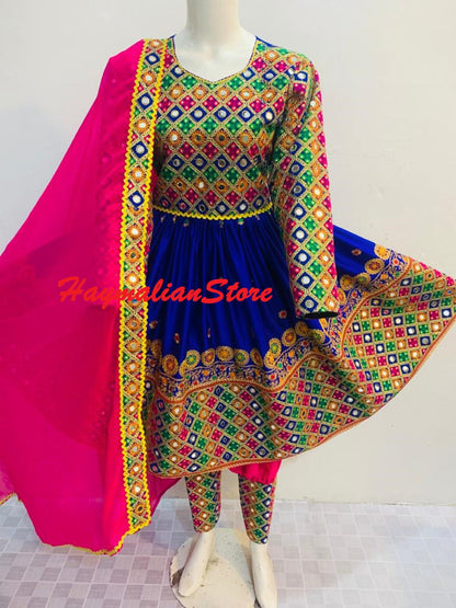 Afghan Kuchi tribe handmade Blue Mirror Trim  embroidery kochi dress