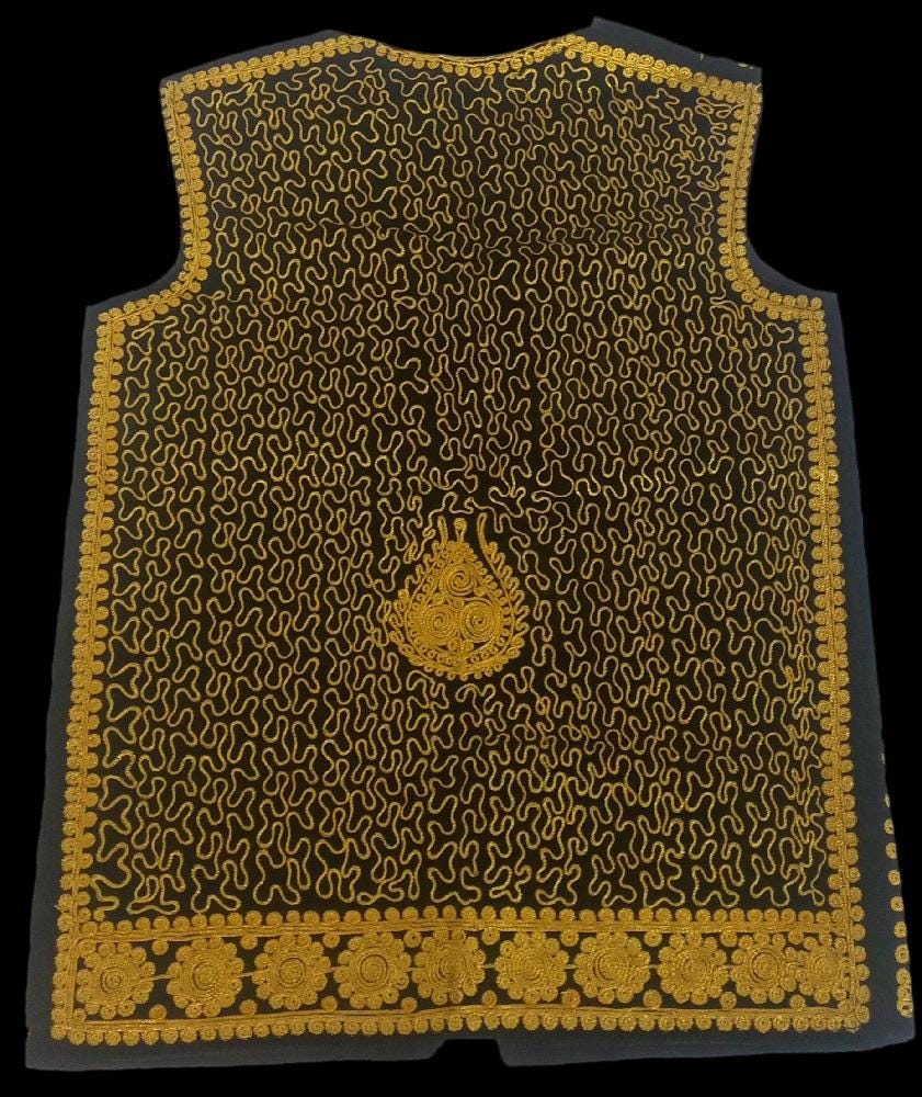 Afghan Traditional men's Black velvet vest with heavy Gold braided embroidery