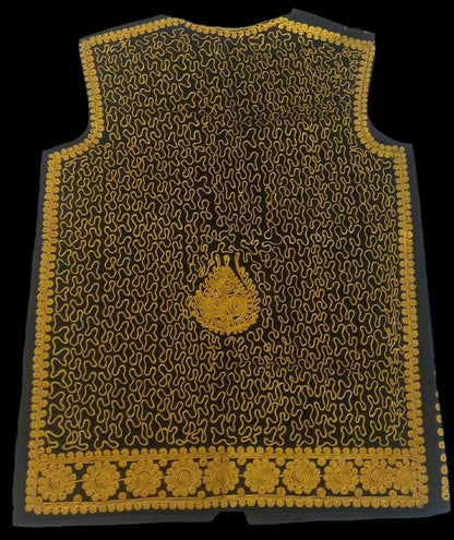 Afghan Traditional men's Black velvet vest with heavy Gold braided embroidery