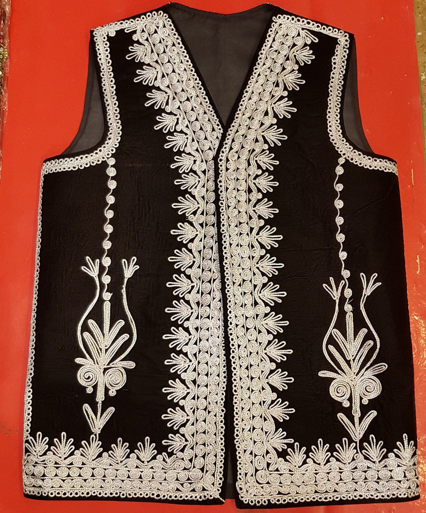 Afghan Traditional men's Black velvet vest with heavy Silver braided embroidery