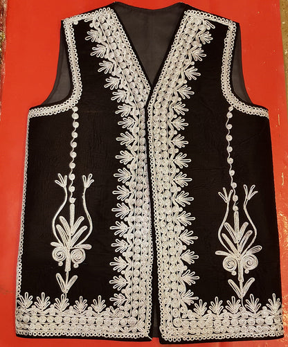 Afghan Traditional men's Black velvet vest with heavy Silver braided embroidery