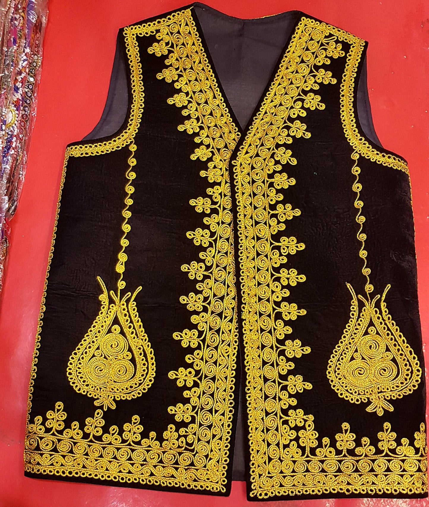 Afghan Traditional men's Black velvet vest with heavy Golden braided embroidery