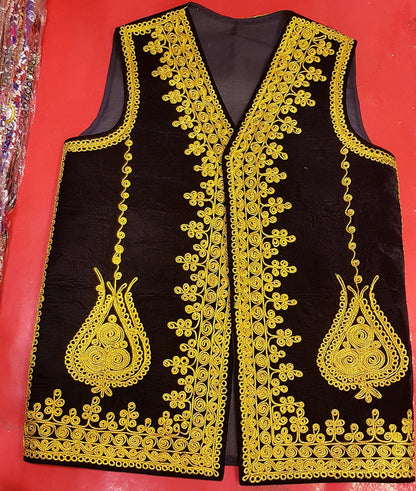 Afghan Traditional men's Black velvet vest with heavy Golden braided embroidery