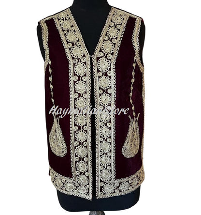 Afghan Traditional men's Mehroon velvet vest with heavy Gold braided embroidery