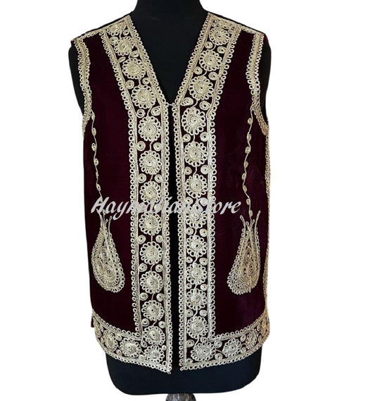 Afghan Traditional men's Mehroon velvet vest with heavy Gold braided embroidery