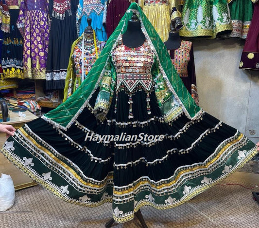 Afghan Kuchi Dress: Green Charma Dozi Embroidered Women's Dress