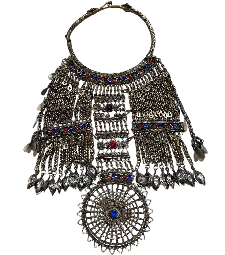 Afghan Nooristani Choker  Kuchi Tribal Metal Chain Dangle Choker Necklace-Tribal gypsy