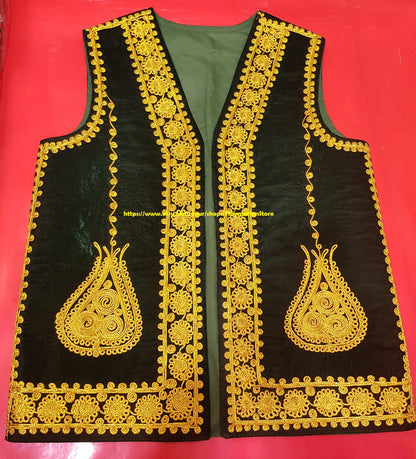 Afghan Traditional men's Green velvet vest with heavy gold braided embroidery