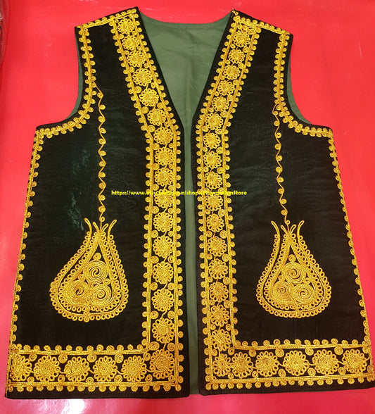 Afghan Traditional men's Green velvet vest with heavy gold braided embroidery