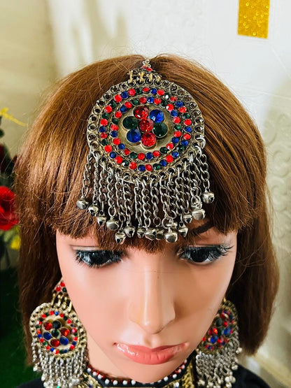 Afghan Kuchi multi color Necklace set with headdress and earrings