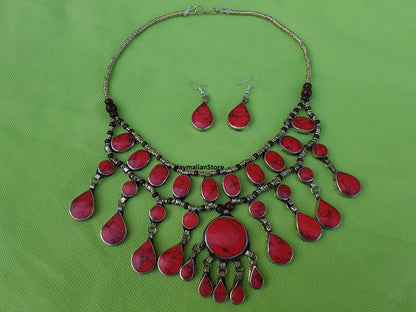 Red Coral Afghan Turkmen Tribal Ethnic Kuchi Necklace Circle 3 Layers