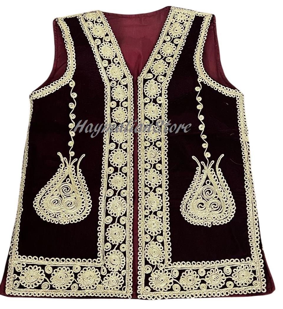 Afghan Traditional men's Mehroon velvet vest with heavy Gold braided embroidery