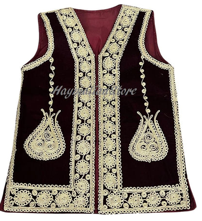 Afghan Traditional men's Mehroon velvet vest with heavy Gold braided embroidery